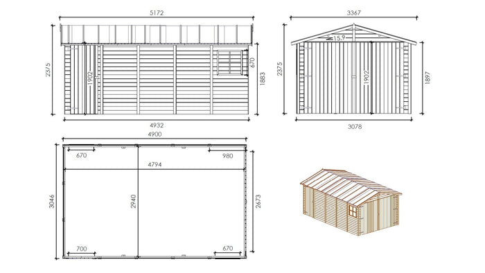 Garage in legno - 14.94m2 - 3.05x4.93m - 18mm - colore: naturale - GAR28 - ALTANKA