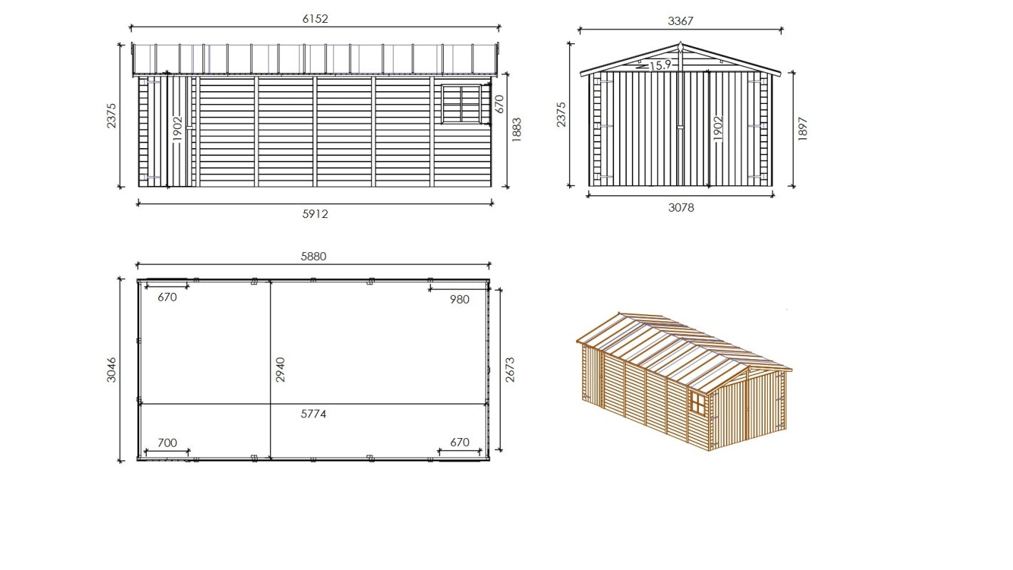 Garage in legno - 18.19m2 - 3.05x5.91m - 18mm - colore: naturale - GAR29 - ALTANKA
