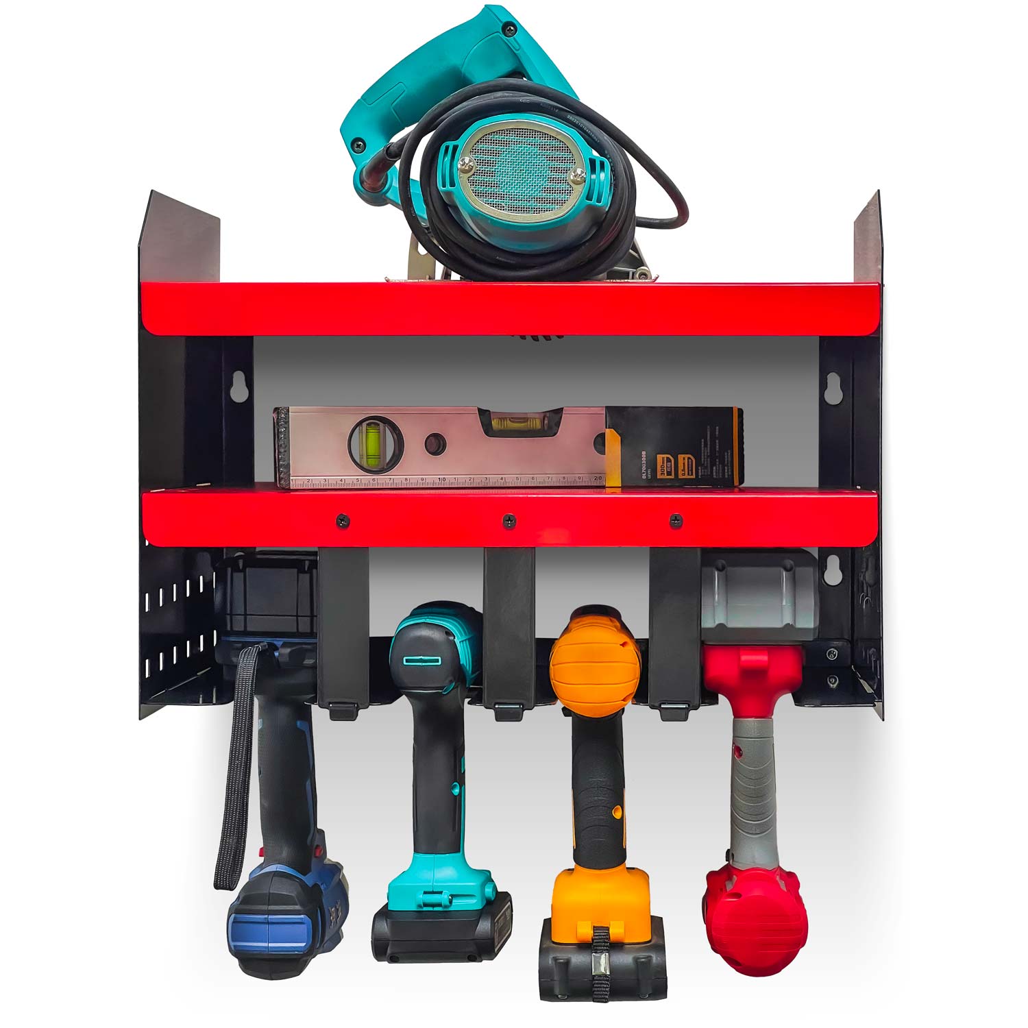 Taka - Mensola portautensili da garage in acciaio. Organizer a 2 ripiani per utensili elettrici. Supporto a parete per trapani, punte e giraviti