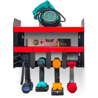Taka - Mensola portautensili da garage in acciaio. Organizer a 2 ripiani per utensili elettrici. Supporto a parete per trapani, punte e giraviti