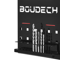 Taka - Mensola portautensili da garage in acciaio. Organizer a 2 ripiani per utensili elettrici. Supporto a parete per trapani, punte e giraviti