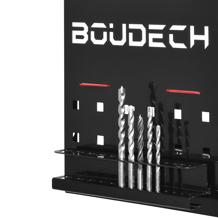 Taka - Mensola portautensili da garage in acciaio. Organizer a 2 ripiani per utensili elettrici. Supporto a parete per trapani, punte e giraviti