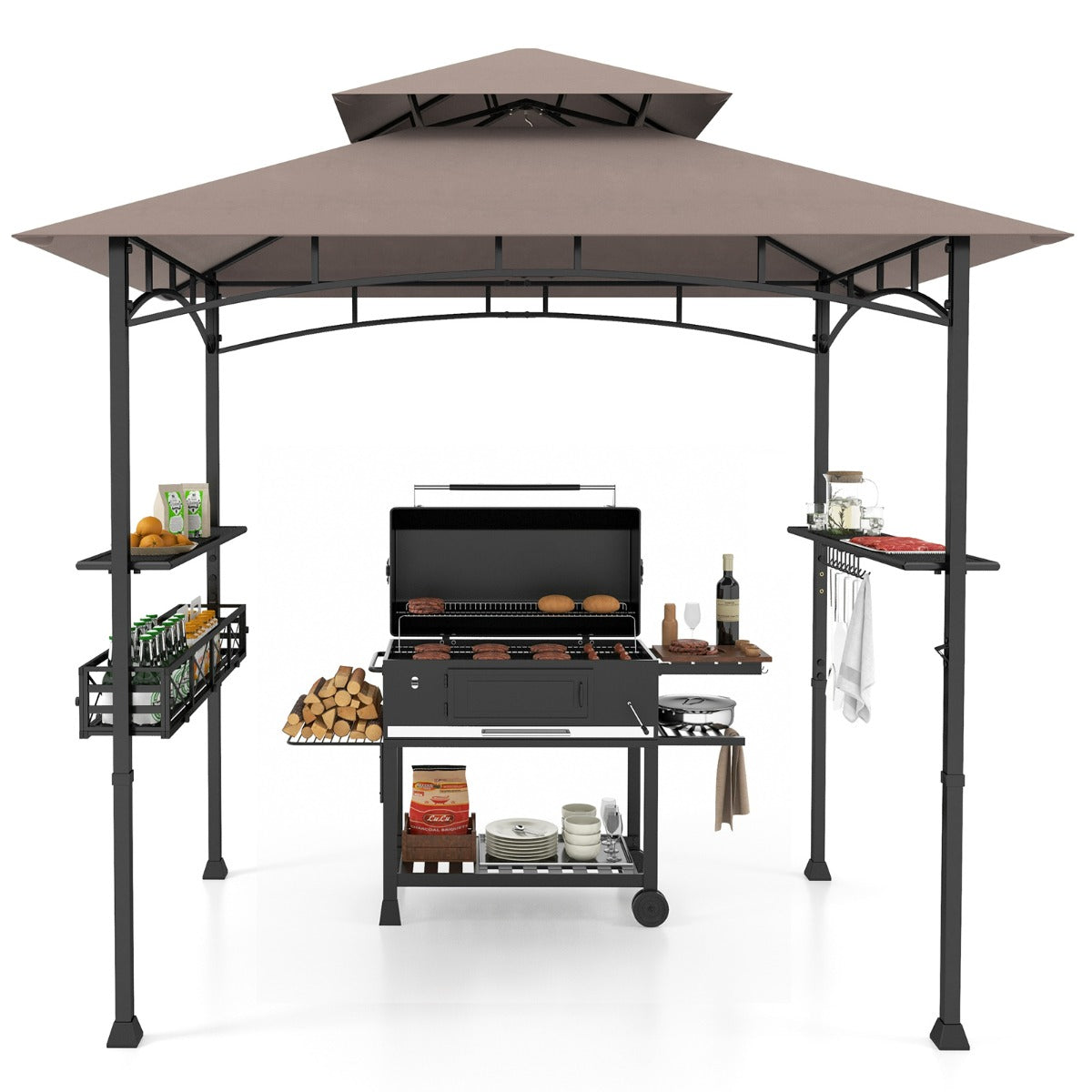 Gazebo barbecue con 2 ripiani laterali cestino ganci appendiutensili-Tendone da esterno per barbecue 242x153cm Marrone