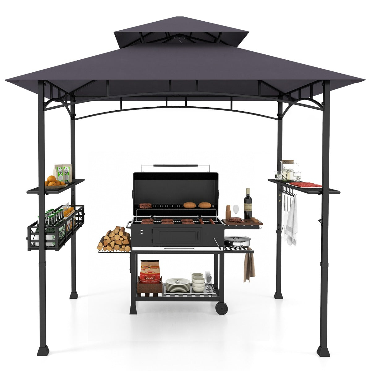 Gazebo barbecue con 2 ripiani laterali cestino ganci appendiutensili-Tendone da esterno per barbecue 242x153cm Grigio scuro