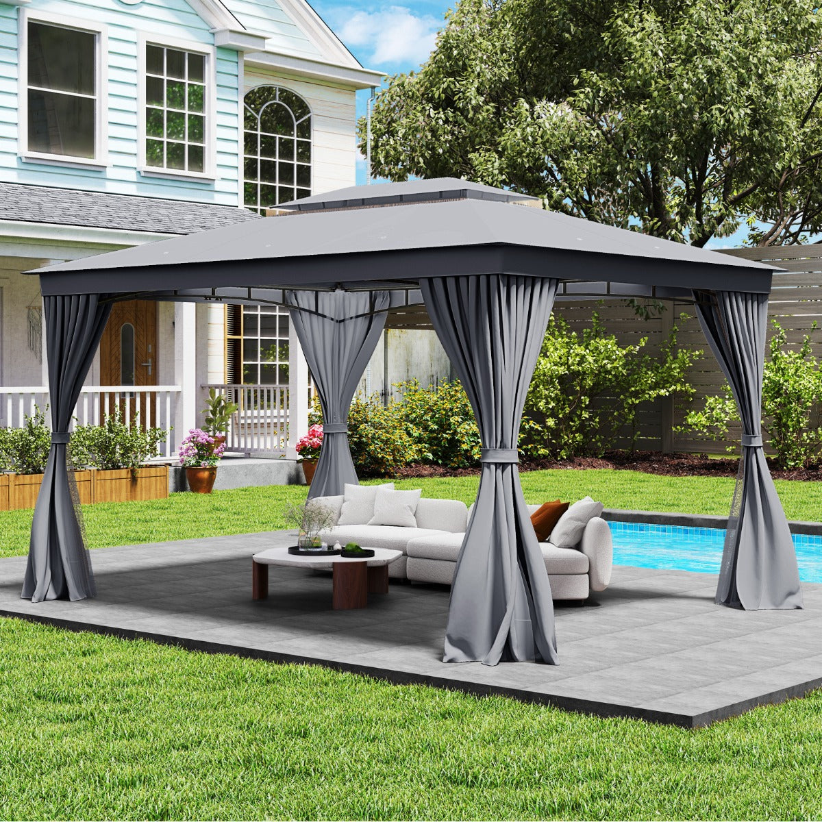 Padiglione con telaio in metallo 8 picchetti, Padiglione impermeabile con tetto doppio Grigio 3 x 4 m-Gazebo