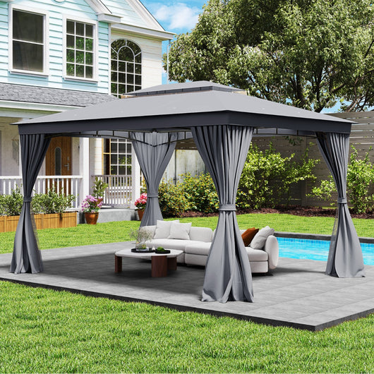 Padiglione con telaio in metallo 8 picchetti, Padiglione impermeabile con tetto doppio Grigio 3 x 4 m-Gazebo