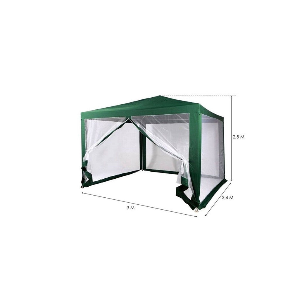 Trade Shop - Gazebo 2,4 X 3 X 2,50 Mt Tendone Giardino Telo Verde Impermeabile Con Zanzariera -
