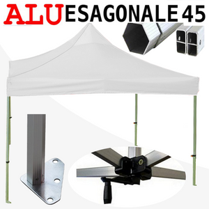 Gazebo 3x3 m bianco SENZA laterali pieghevole alluminio piantone esagonale 45mm portatile estendibile richiudibile estensibile acciaio per fiere eventi stand chiosco tenda tendone mercato mercatino    
