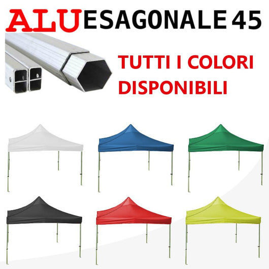 Gazebo 3x3 m nero SENZA laterali pieghevole alluminio piantone esagonale 45mm portatile estendibile richiudibile estensibile acciaio per fiere eventi stand chiosco tenda tendone mercato mercatino    