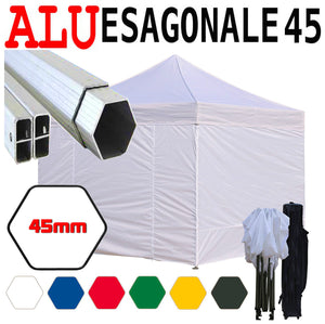 Gazebo 3x3 m bianco pieghevole alluminio piantone esagonale 45mm portatile estendibile richiudibile estensibile acciaio con laterali per fiere eventi stand chiosco tenda tendone mercato mercatino    