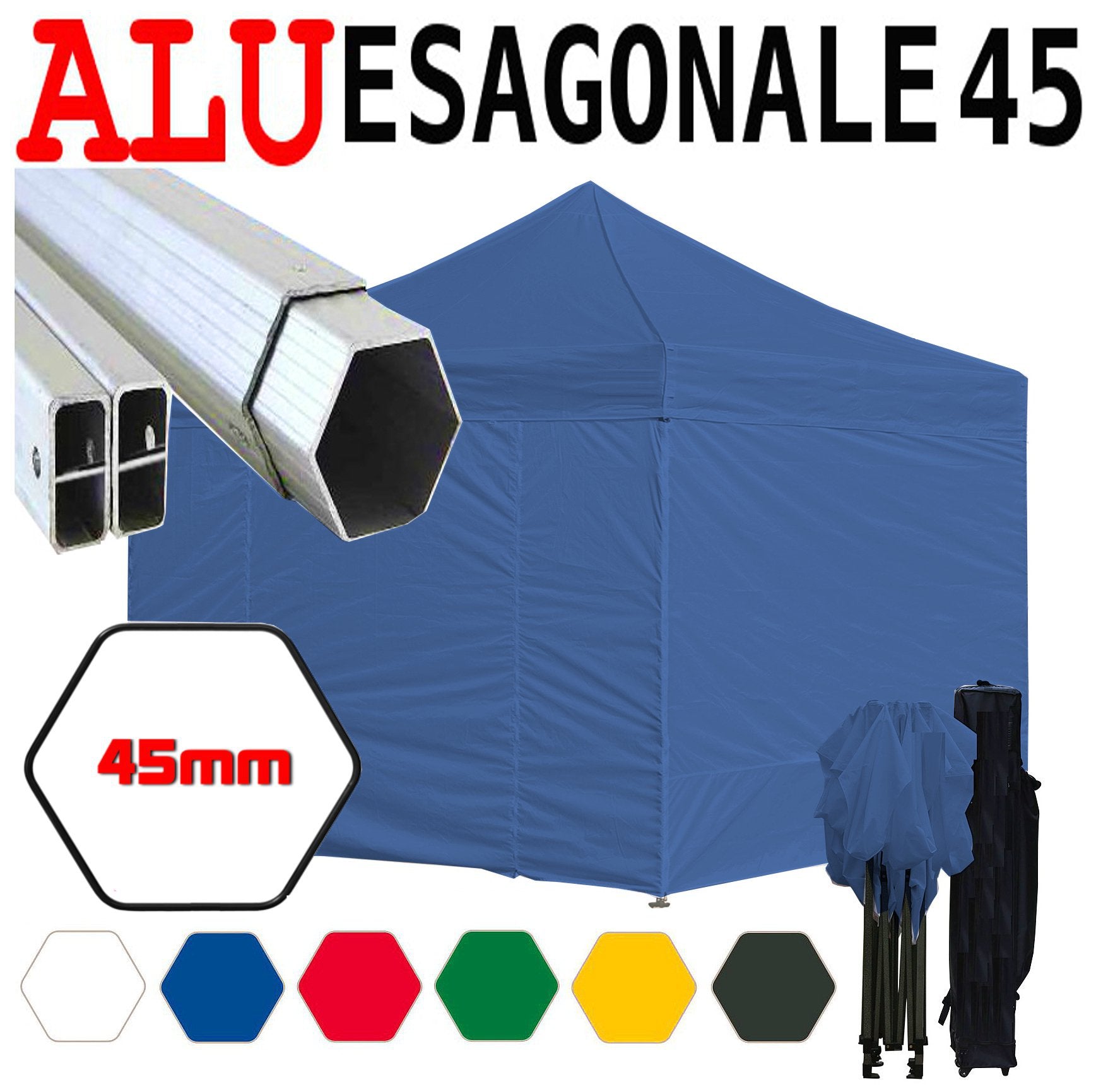 Gazebo 3x3 m blu pieghevole alluminio piantone esagonale 45mm portatile estendibile richiudibile estensibile acciaio con laterali per fiere eventi stand chiosco tenda tendone mercato mercatino    