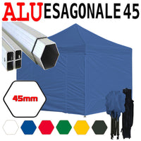Gazebo 3x3 m blu pieghevole alluminio piantone esagonale 45mm portatile estendibile richiudibile estensibile acciaio con laterali per fiere eventi stand chiosco tenda tendone mercato mercatino    