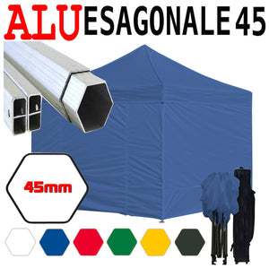 Gazebo 3x3 m blu pieghevole alluminio piantone esagonale 45mm portatile estendibile richiudibile estensibile acciaio con laterali per fiere eventi stand chiosco tenda tendone mercato mercatino    