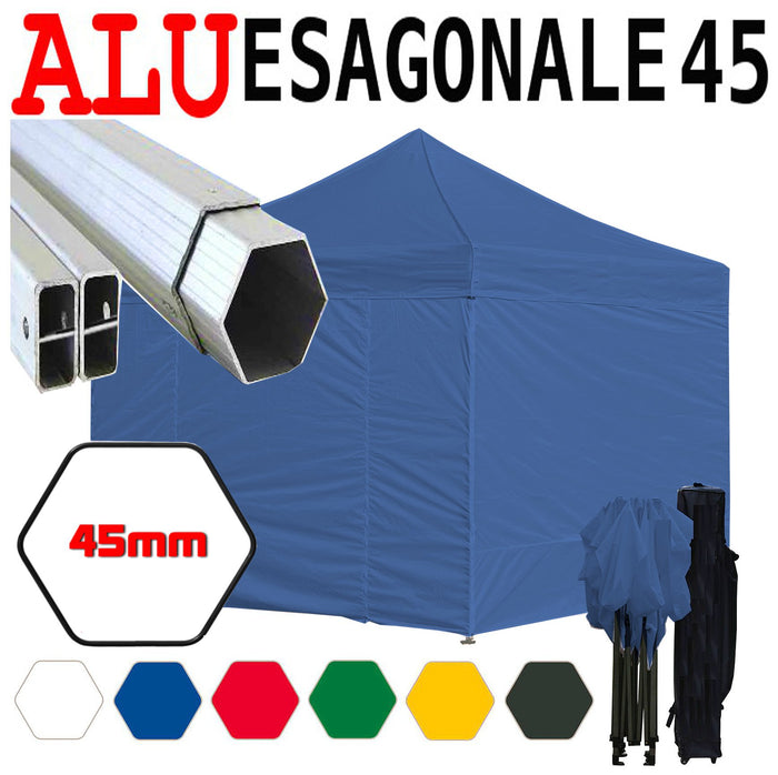 Gazebo 3x3 m blu pieghevole alluminio piantone esagonale 45mm portatile estendibile richiudibile estensibile acciaio con laterali per fiere eventi stand chiosco tenda tendone mercato mercatino    