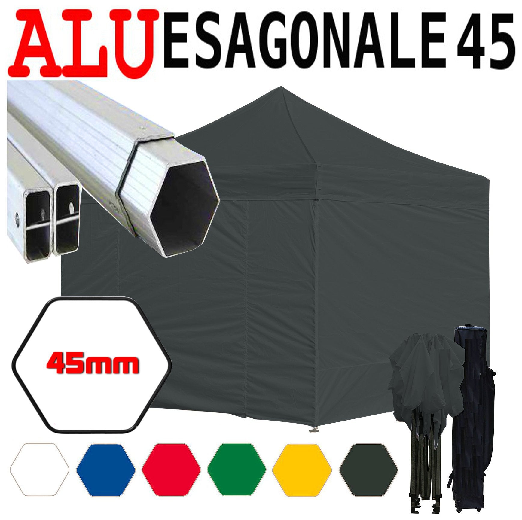 Gazebo 3x3 m nero pieghevole alluminio piantone esagonale 45mm portatile estendibile richiudibile estensibile acciaio con laterali per fiere eventi stand chiosco tenda tendone mercato mercatino    
