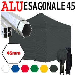 Gazebo 3x3 m nero pieghevole alluminio piantone esagonale 45mm portatile estendibile richiudibile estensibile acciaio con laterali per fiere eventi stand chiosco tenda tendone mercato mercatino    