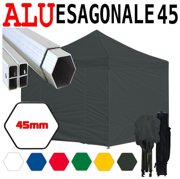 Gazebo 3x3 m nero pieghevole alluminio piantone esagonale 45mm portatile estendibile richiudibile estensibile acciaio con laterali per fiere eventi stand chiosco tenda tendone mercato mercatino    