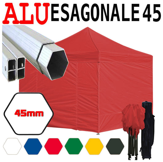Gazebo 3x3 m rosso pieghevole alluminio piantone esagonale 45mm portatile estendibile richiudibile estensibile acciaio con laterali per fiere eventi stand chiosco tenda tendone mercato mercatino    