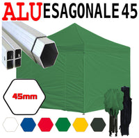 Gazebo 3x3 m verde pieghevole alluminio piantone esagonale 45mm portatile estendibile richiudibile estensibile acciaio con laterali per fiere eventi stand chiosco tenda tendone mercato mercatino    