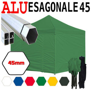 Gazebo 3x3 m verde pieghevole alluminio piantone esagonale 45mm portatile estendibile richiudibile estensibile acciaio con laterali per fiere eventi stand chiosco tenda tendone mercato mercatino    