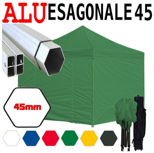 Gazebo 3x3 m verde pieghevole alluminio piantone esagonale 45mm portatile estendibile richiudibile estensibile acciaio con laterali per fiere eventi stand chiosco tenda tendone mercato mercatino    
