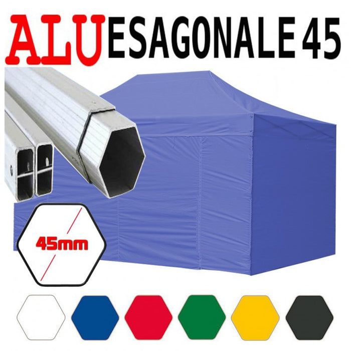 Gazebo 3x4,5 m blu pieghevole alluminio piantone esagonale 45mm portatile estendibile richiudibile estensibile acciaio con laterali per fiere eventi stand chiosco tenda tendone mercato mercatino    