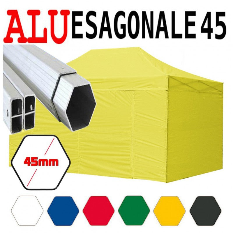 Gazebo 3x4,5 m giallo pieghevole alluminio piantone esagonale 45mm portatile estendibile richiudibile estensibile acciaio con laterali per fiere eventi stand chiosco tenda tendone mercato mercatino    