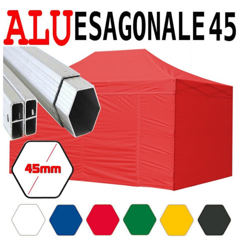 Gazebo 3x4,5 m rosso pieghevole alluminio piantone esagonale 45mm portatile estendibile richiudibile estensibile acciaio con laterali per fiere eventi stand chiosco tenda tendone mercato mercatino    