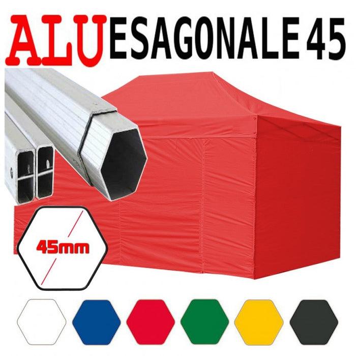 Gazebo 3x4,5 m rosso pieghevole alluminio piantone esagonale 45mm portatile estendibile richiudibile estensibile acciaio con laterali per fiere eventi stand chiosco tenda tendone mercato mercatino    