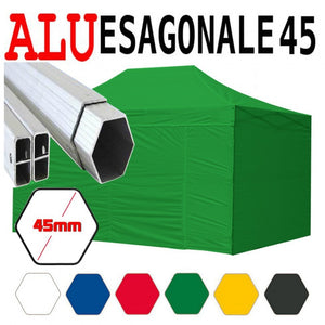 Gazebo 3x4,5 m verde pieghevole alluminio piantone esagonale 45mm portatile estendibile richiudibile estensibile acciaio con laterali per fiere eventi stand chiosco tenda tendone mercato mercatino    