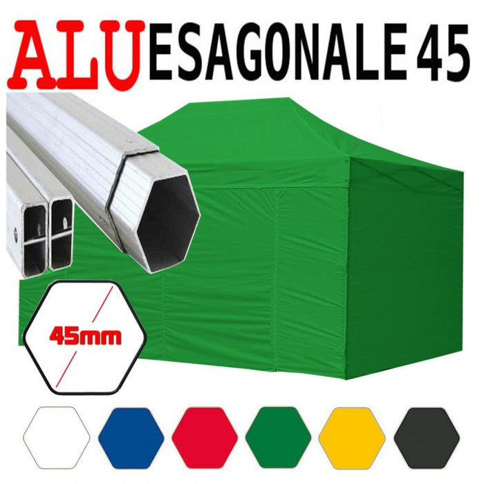 Gazebo 3x4,5 m verde pieghevole alluminio piantone esagonale 45mm portatile estendibile richiudibile estensibile acciaio con laterali per fiere eventi stand chiosco tenda tendone mercato mercatino    