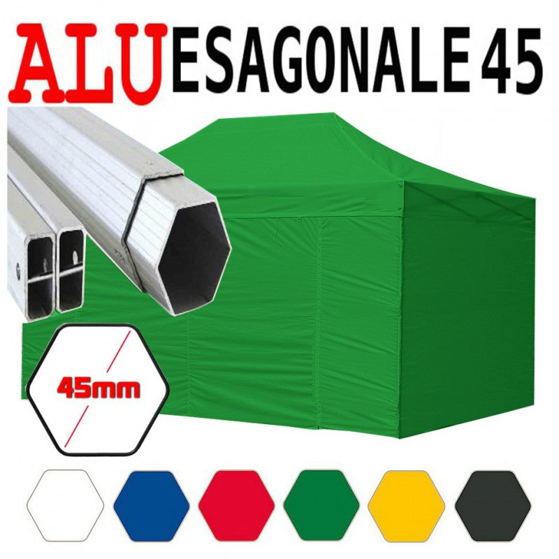 Gazebo 3x4,5 m verde pieghevole alluminio piantone esagonale 45mm portatile estendibile richiudibile estensibile acciaio con laterali per fiere eventi stand chiosco tenda tendone mercato mercatino    