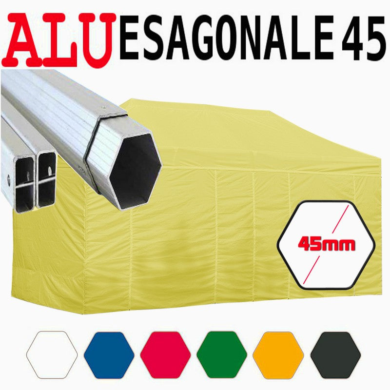 Gazebo 3X6 m giallo pieghevole alluminio piantone esagonale 45mm portatile estendibile richiudibile estensibile acciaio con laterali per fiere eventi stand chiosco tenda tendone mercato mercatino    