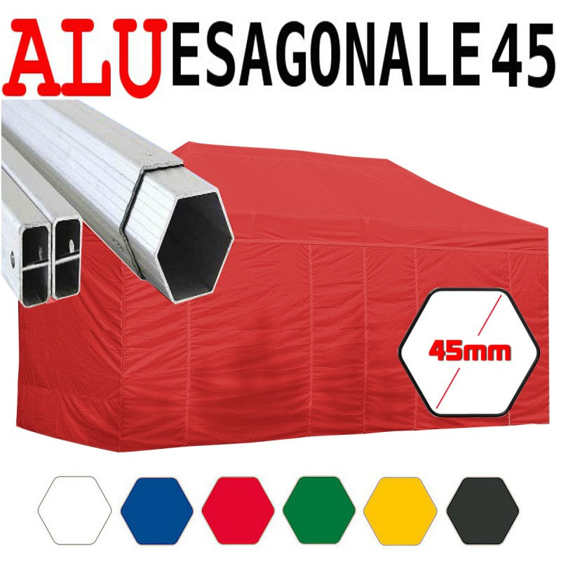 Gazebo 3X6 m rosso pieghevole alluminio piantone esagonale 45mm portatile estendibile richiudibile estensibile acciaio con laterali per fiere eventi stand chiosco tenda tendone mercato mercatino    