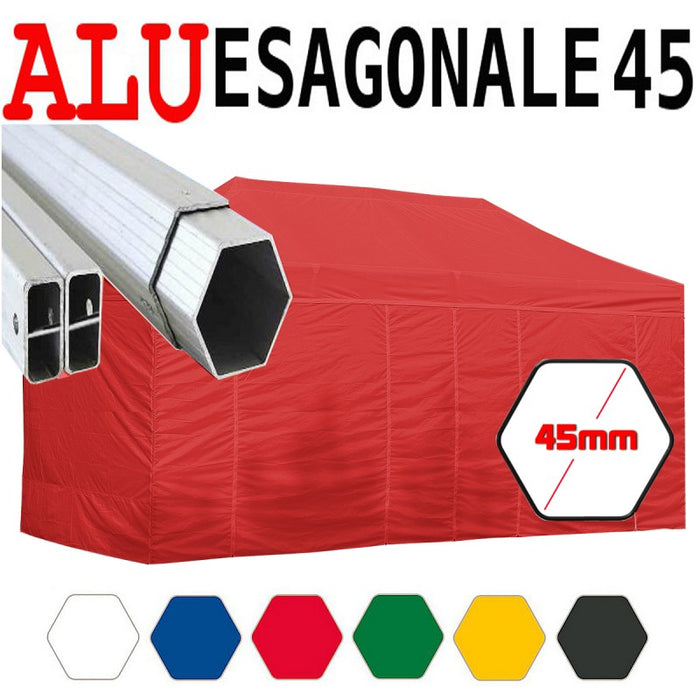 Gazebo 3X6 m rosso pieghevole alluminio piantone esagonale 45mm portatile estendibile richiudibile estensibile acciaio con laterali per fiere eventi stand chiosco tenda tendone mercato mercatino    