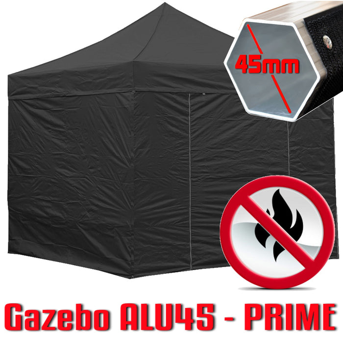 Gazebo 3x3 m nero certificato IGNIFUGO pieghevole alluminio piantone esagonale 45mm portatile estendibile richiudibile estensibile acciaio con laterali per fiere eventi stand chiosco tenda tendone mercato mercatino    