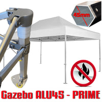 Gazebo 3x4,5 m bianco certificato IGNIFUGO SENZA laterali pieghevole alluminio piantone esagonale 45mm portatile estendibile richiudibile estensibile acciaio per fiere eventi stand chiosco tenda tendone mercato mercatino    