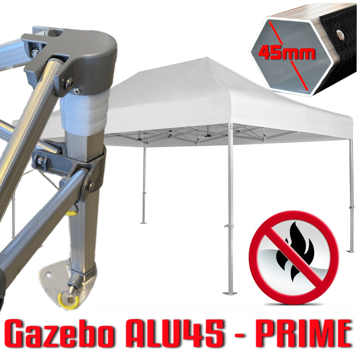 Gazebo 3x4,5 m bianco certificato IGNIFUGO SENZA laterali pieghevole alluminio piantone esagonale 45mm portatile estendibile richiudibile estensibile acciaio per fiere eventi stand chiosco tenda tendone mercato mercatino    