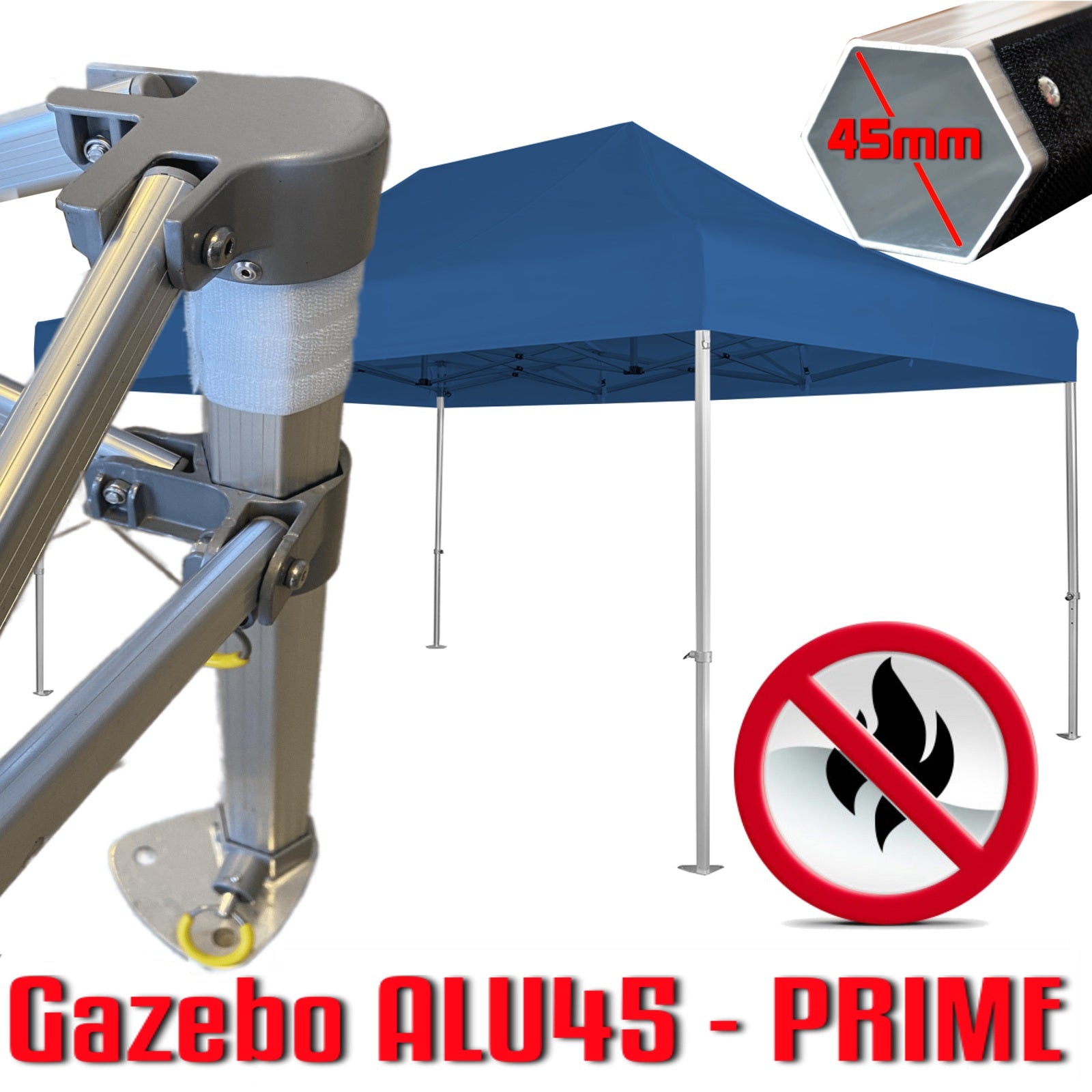 Gazebo 3x4,5 m blu certificato IGNIFUGO SENZA laterali pieghevole alluminio piantone esagonale 45mm portatile estendibile richiudibile estensibile acciaio per fiere eventi stand chiosco tenda tendone mercato mercatino    