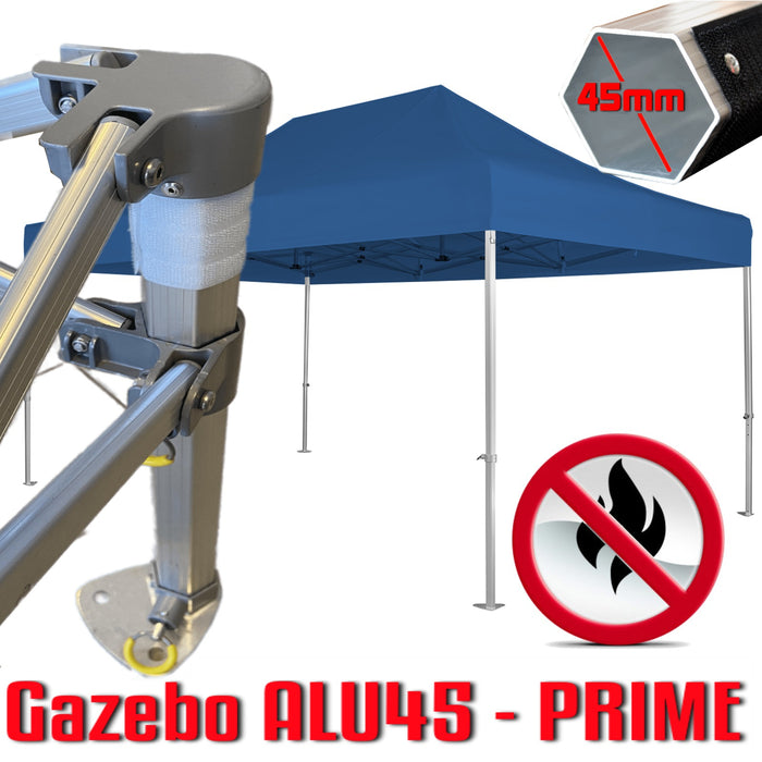 Gazebo 3x4,5 m blu certificato IGNIFUGO SENZA laterali pieghevole alluminio piantone esagonale 45mm portatile estendibile richiudibile estensibile acciaio per fiere eventi stand chiosco tenda tendone mercato mercatino    