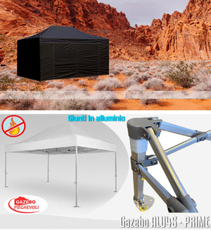 Gazebo 3x4,5 m nero certificato IGNIFUGO SENZA laterali pieghevole alluminio piantone esagonale 45mm portatile estendibile richiudibile estensibile acciaio per fiere eventi stand chiosco tenda tendone mercato mercatino    