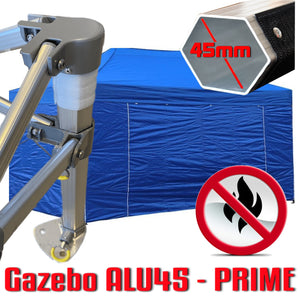 Gazebo 3x4,5 m blu certificato IGNIFUGO pieghevole alluminio piantone esagonale 45mm portatile estendibile richiudibile estensibile acciaio con laterali per fiere eventi stand chiosco tenda tendone mercato mercatino    