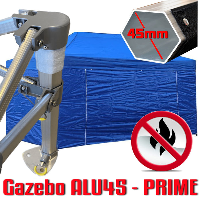 Gazebo 3x4,5 m blu certificato IGNIFUGO pieghevole alluminio piantone esagonale 45mm portatile estendibile richiudibile estensibile acciaio con laterali per fiere eventi stand chiosco tenda tendone mercato mercatino    