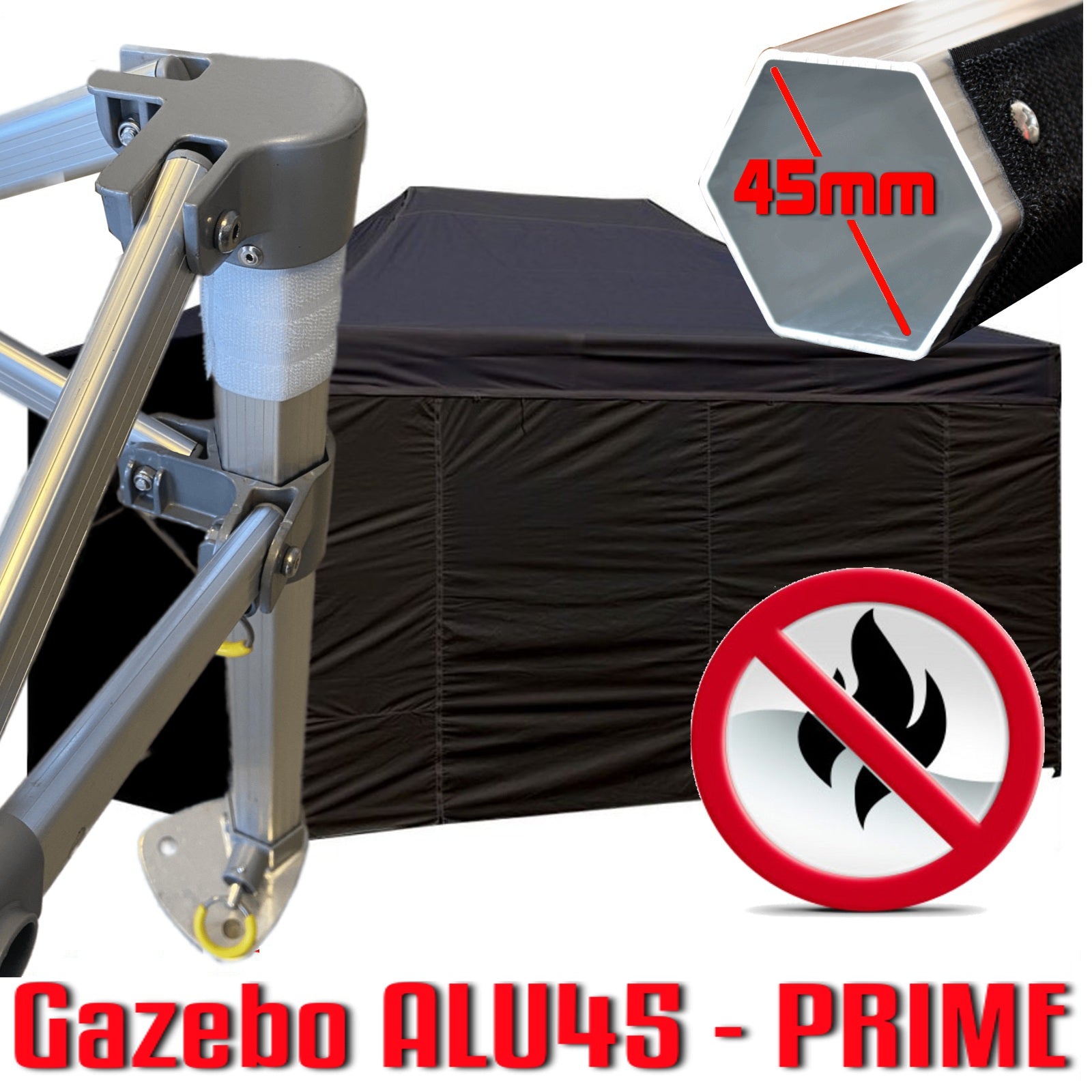Gazebo 3x4,5 m nero certificato IGNIFUGO pieghevole alluminio piantone esagonale 45mm portatile estendibile richiudibile estensibile acciaio con laterali per fiere eventi stand chiosco tenda tendone mercato mercatino    