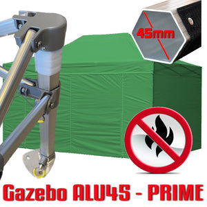 Gazebo 3x4,5 m verde certificato IGNIFUGO pieghevole alluminio piantone esagonale 45mm portatile estendibile richiudibile estensibile acciaio con laterali per fiere eventi stand chiosco tenda tendone mercato mercatino    