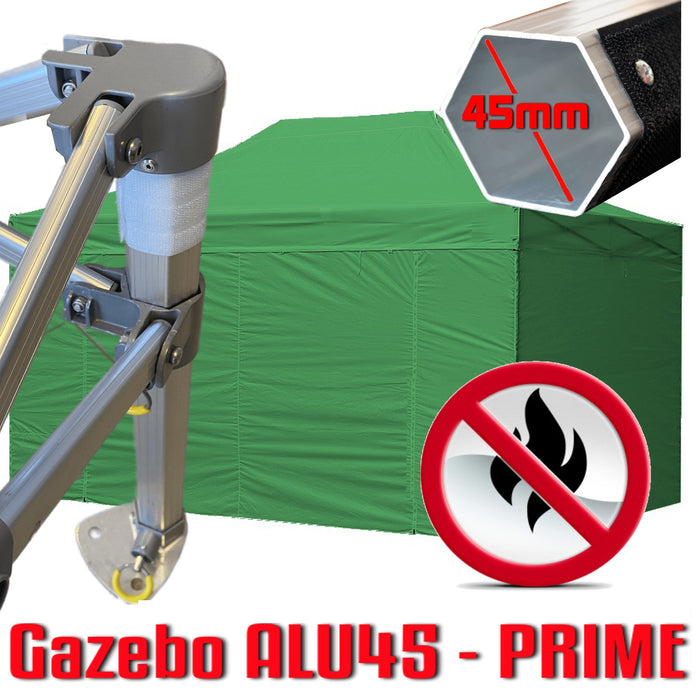 Gazebo 3x4,5 m verde certificato IGNIFUGO pieghevole alluminio piantone esagonale 45mm portatile estendibile richiudibile estensibile acciaio con laterali per fiere eventi stand chiosco tenda tendone mercato mercatino    