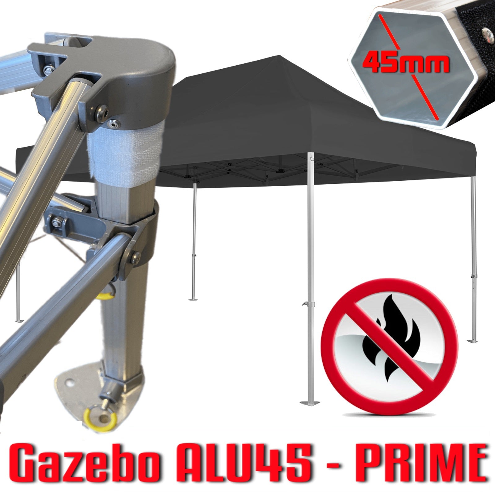 Gazebo 3x4,5 m nero certificato IGNIFUGO SENZA laterali pieghevole alluminio piantone esagonale 45mm portatile estendibile richiudibile estensibile acciaio per fiere eventi stand chiosco tenda tendone mercato mercatino    