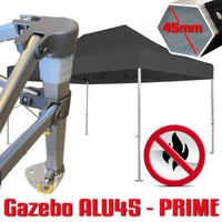 Gazebo 3x4,5 m nero certificato IGNIFUGO SENZA laterali pieghevole alluminio piantone esagonale 45mm portatile estendibile richiudibile estensibile acciaio per fiere eventi stand chiosco tenda tendone mercato mercatino    