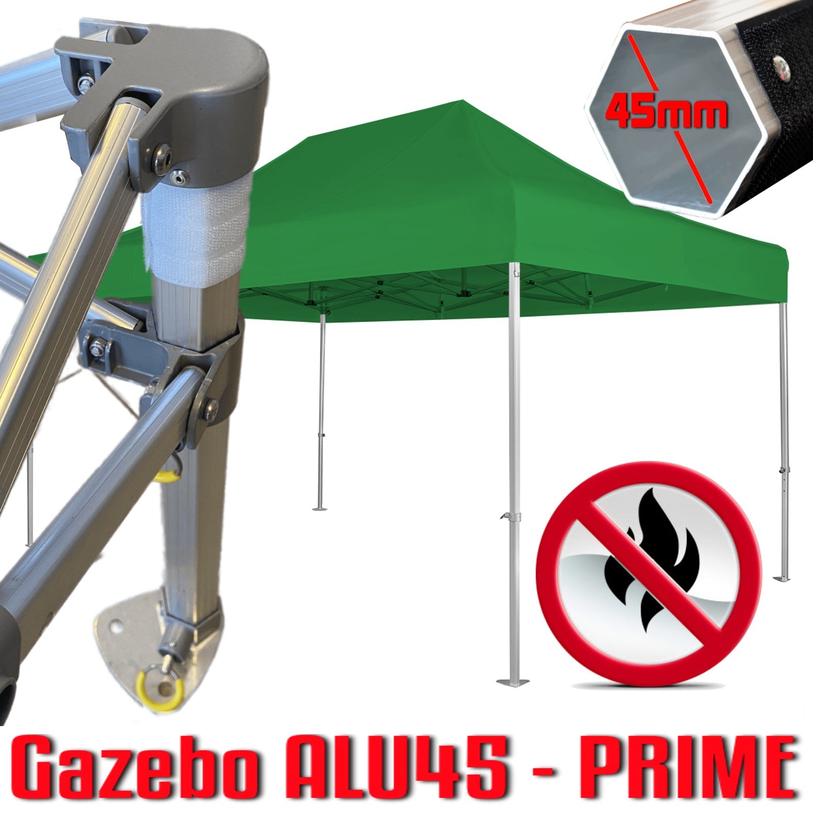 Gazebo 3x4,5 m verde certificato IGNIFUGO SENZA laterali pieghevole alluminio piantone esagonale 45mm portatile estendibile richiudibile estensibile acciaio per fiere eventi stand chiosco tenda tendone mercato mercatino    