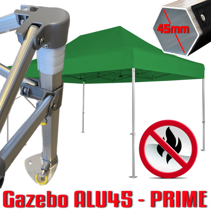 Gazebo 3x4,5 m verde certificato IGNIFUGO SENZA laterali pieghevole alluminio piantone esagonale 45mm portatile estendibile richiudibile estensibile acciaio per fiere eventi stand chiosco tenda tendone mercato mercatino    